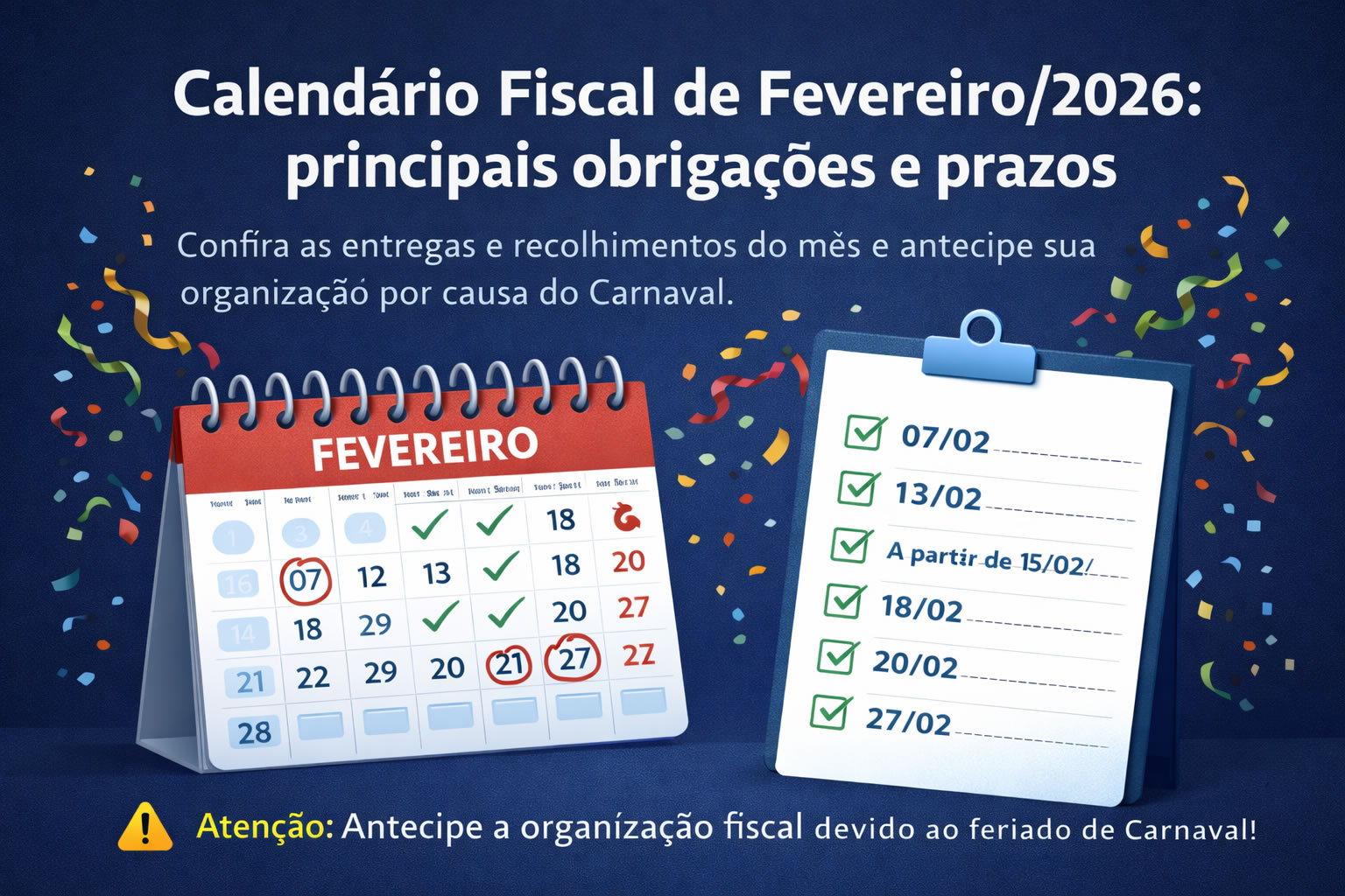 Calendário Fiscal de Fevereiro/2026: principais obrigações e prazos